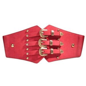 Red Wide Elastic Corset Belt Triple Buckle Detail Western Gold Accents Cincher
